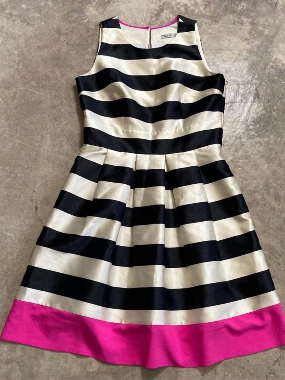 Eliza J Dress Womens‎ Size 8 Black White Pink Stripe Crepe Fit Flare Party Pleat
